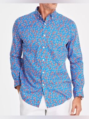 Club Room Blue Button-Down Shirt with Red Floral Print 2XL